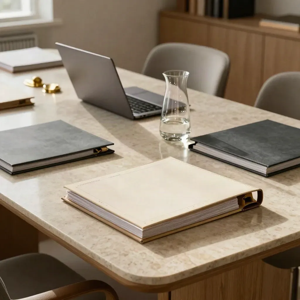 Vergadertafel met ordners, gesloten laptop en karaf bij een rustige planreview.
