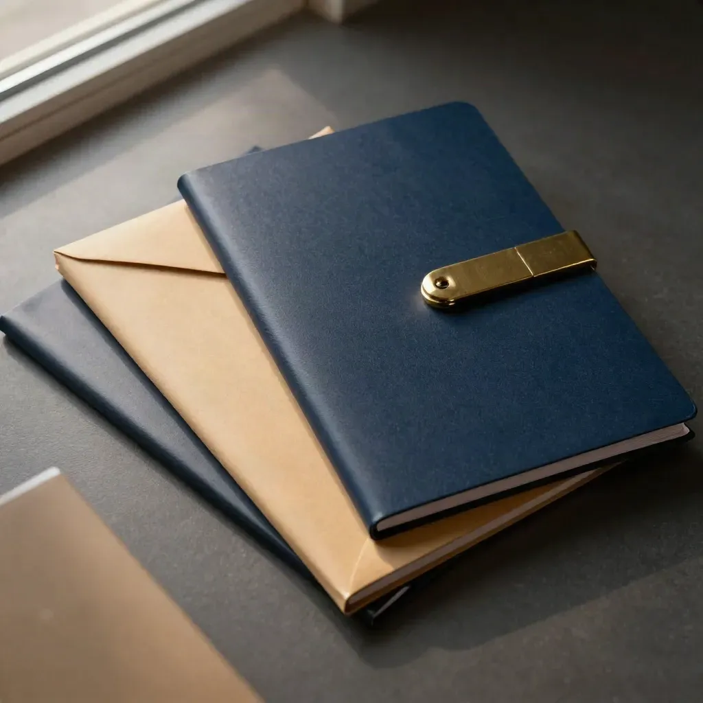 Twee gesloten dossiers met gevouwen envelop en metalen clip in sfeervol donker licht.