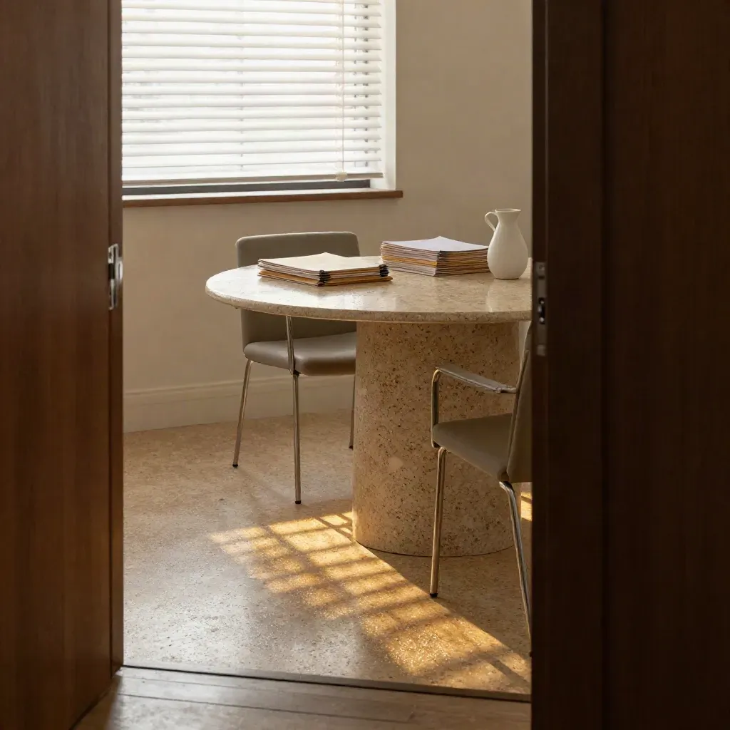 Stille overlegkamer met ronde tafel, open stoel, dossiers en licht door lamellen.
