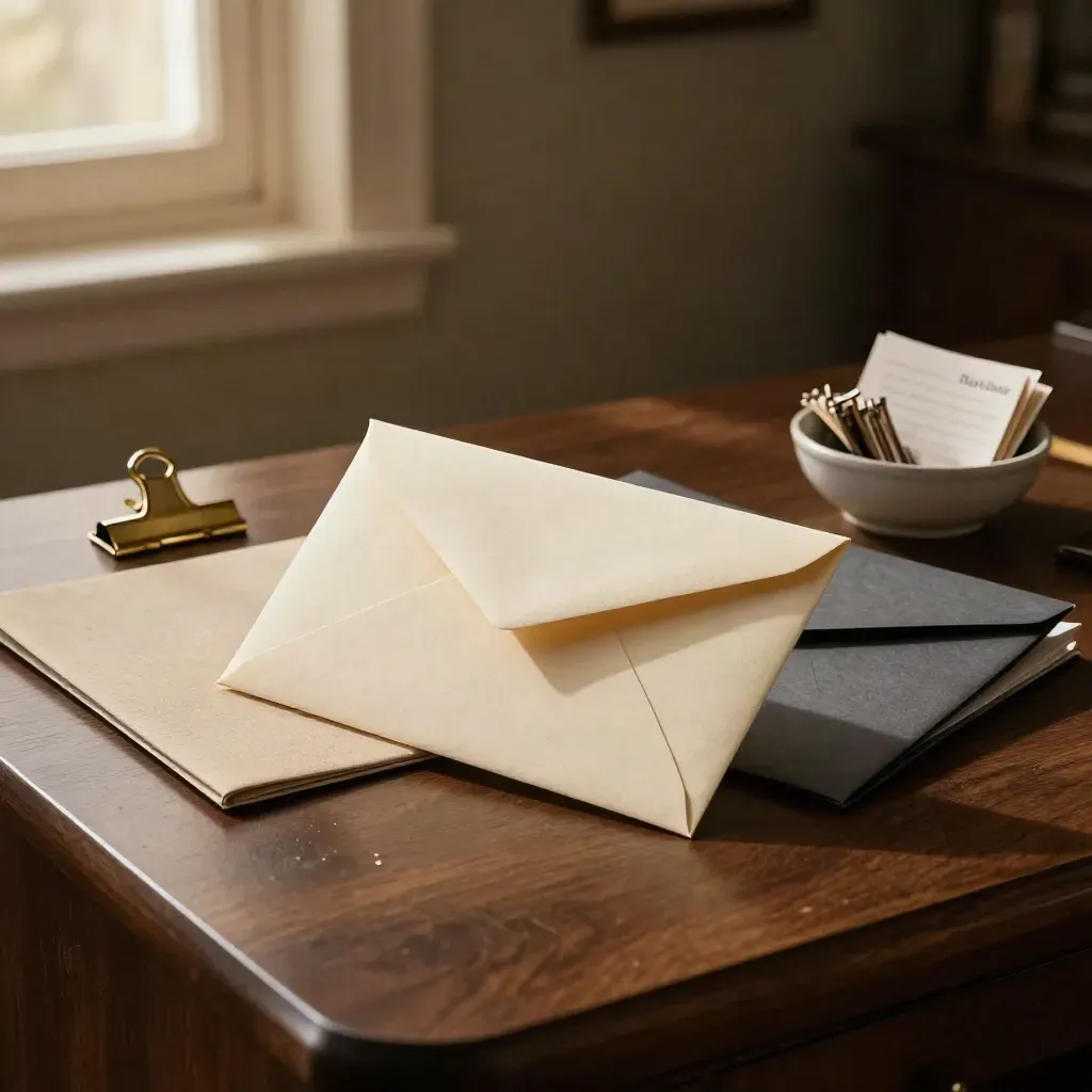 Beslissingsenvelop met mappen, brass clip en schaaltje op donker bureau in dramatisch licht.