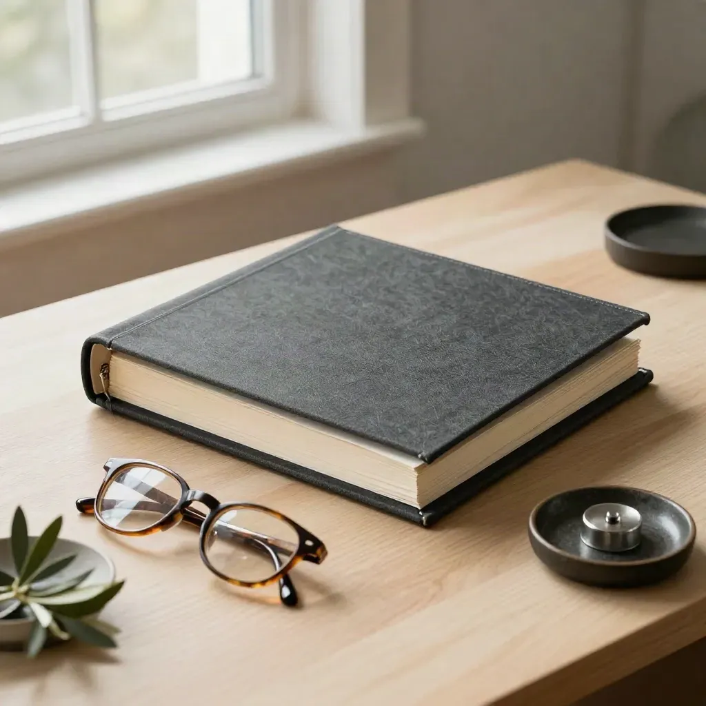 Dikke paper file met bril en schaaltje op licht houten bureau.